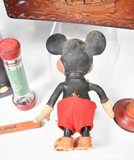 Group of Vintage Toys Including Mickey Mouse, Horn, Hen Laying Eggs in Box and Leather Trinket Box. 