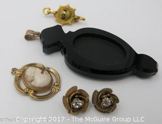 Collection of jewelry including Greek college pin, earrings, cameo and pendant; #1203