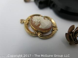 Collection of jewelry including Greek college pin, earrings, cameo and pendant; #1203