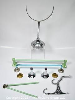 Art Deco Glass Towel Rods with Chrome Mounting, Towel Drying Hook, Chrome Wall Mount Coat Hook and Chrome Mirror Stand. 