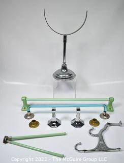 Art Deco Glass Towel Rods with Chrome Mounting, Towel Drying Hook, Chrome Wall Mount Coat Hook and Chrome Mirror Stand. 