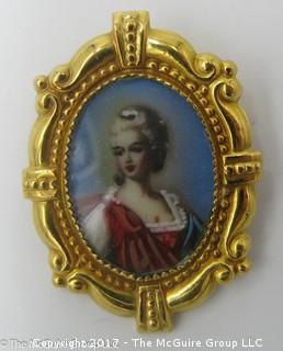 Hand painted Victorian maiden set in 14k yellow gold pin, 2.8g; - #1208