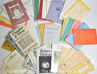 (54) American Dealer Catalogs. Includes 6 “Chapter & Verse” from The Current Company, Vol. 10-24  with price estimates and some facsimiles and photos; 7 from Robert K Black, Vol. 119-127,  with price estimates; 4 ADS Autographs from the Sakmysters Vols. 1,2,18 & 21; 7 from J. Fricelli associates; 8 from Walter Burks Autographs & Coins, 1990 with Vols. 2-8 of 1991 with price estimates and facsimiles; 6 from the Bookpress of Williamsburg VA Vols. 50, 55, 56, 57,  58 & 59; and 16 from David Battan of Fresno, c 1970s with prices.