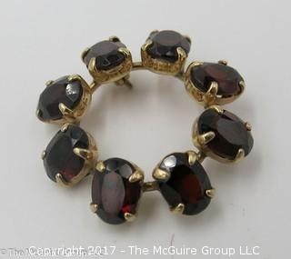 Faceted 8 stone garnet and 14k yellow gold pin, signed Ronci; 1 1/8" wide; (Note: needs new clasp); 5.5g; - #1210  