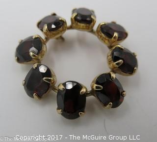 Faceted 8 stone garnet and 14k yellow gold pin, signed Ronci; 1 1/8" wide; (Note: needs new clasp); 5.5g; - #1210  