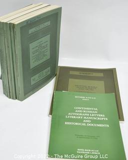 (8) Green Covers Catalog from Sotheby & Co. of London, 1967-1970, Featuring Printed Books, Autograph Letters, Historical Documents, Voltaire Collection, Science, Nature, and Music.  Most were Property of British Nobility and Library Companies.  Also Includes Sotheby’s of London, 1986 Featuring Fine Printed Books and Music and Sotheby’s of Zurich 1975 Featuring Interesting Continental Letters.  Most Include Prices Realized, Buyers and Facsimiles with Images.