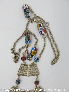 Italian? 26" mili-flore beaded and silver necklace with pendant; #1212