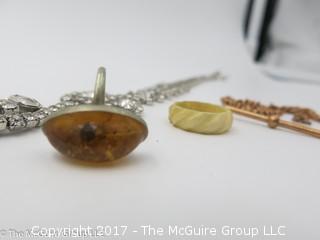 Collection of jewelry including rhinestone necklace (14 1/4"), amber ring with inclusions;  #1213