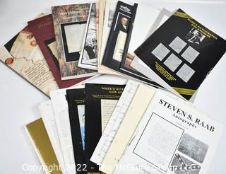 American Dealer Catalogs Including Pages of History (four lists); The Current Company’s “Pen & Pencil" Vols. 2 & 3; Bruce Gimelson, Autographs (Oct 5, 1972 with realized prices list) and (March 1, 1973 with realized prices list); David Schulson 1991 Vols. 61 & 63; Nate’s Autographs  Vols. 15, 16, 19, & 27; 2 Steve S. Raab fixed price catalogs Vols. 1 & 43 (which contains one page insert on collecting tips); Federal Hill autographs 3 fixed price catalogs, 2 from 1978 and one from 1995; University Archives Net Price Catalogs – 108V a Civil war retrospective Vols. 117, 120 & 121; Superior Galleries – Jan 1990 the Dr. Thomas Chalkley auction & mail bid sale, “Money Talks”, special mail bid sale 1993, plus 3 huge Manuscript Auctions catalogs with wonderful illustrations and descriptions -  10/15/91, 11/7/92 & 2/6/93.