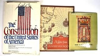 (3) Book Lot Including The Constitution of the USA by Sam Fink, Forward by James Michener 1985, A Letter by Olivier Van Noort in 1610 with map of his world voyage, 1957 and The New York Psalter in the Hunterian Museum Glasgow; Library of Illuminated Manuscripts By TSR Boase, 1962.