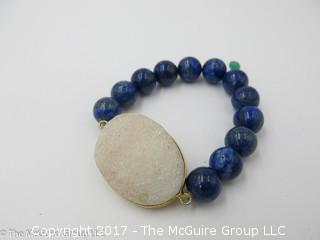 ladies blue lapis bead stretch bracelet with crystalline oval cabochon; #1217 