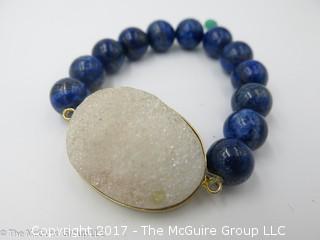 ladies blue lapis bead stretch bracelet with crystalline oval cabochon; #1217 