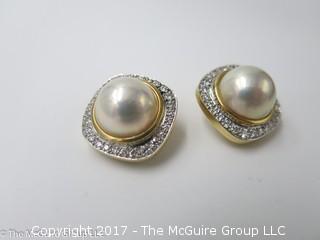 Pair of pearl (9mm x 9mm x 6mm deep)earrings surrounded by diamonds and set in 18k yellow gold; 19.6g; #1220 