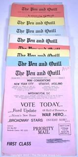 (13) Issues of The Pen And Quill Magazine Published by The Universal Autograph Collectors Club, 1980 - 1982.  Each of these magazines contains facsimile images of autographs and discusses collecting issues like Autopen, secretarial, forged and stolen autographs.  Like Newsreel magazine (For a while its sister publication) Pen & Quill issues contain interviews of notables, profiles of dealers and addresses to use to seek signed memorabilia. Also includes items on sports, historical, military and political figures.  Each issue has at least ten pages of fixed-price autographs and memorabilia for sale and advertisements from dealers.