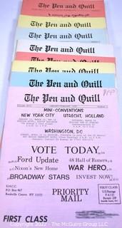 (13) Issues of The Pen And Quill Magazine Published by The Universal Autograph Collectors Club, 1980 - 1982.  Each of these magazines contains facsimile images of autographs and discusses collecting issues like Autopen, secretarial, forged and stolen autographs.  Like Newsreel magazine (For a while its sister publication) Pen & Quill issues contain interviews of notables, profiles of dealers and addresses to use to seek signed memorabilia. Also includes items on sports, historical, military and political figures.  Each issue has at least ten pages of fixed-price autographs and memorabilia for sale and advertisements from dealers.