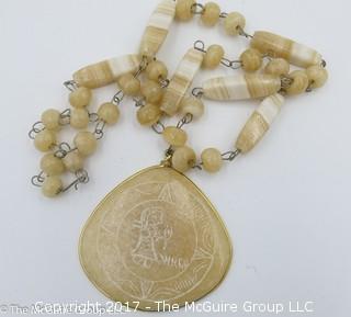 23" ladies stone beaded necklace with carved stone pendant "VIRGO"; #1222