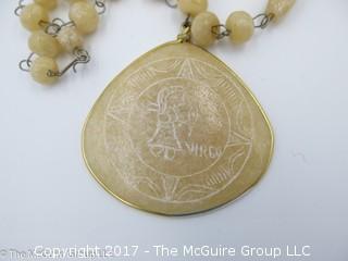 23" ladies stone beaded necklace with carved stone pendant "VIRGO"; #1222