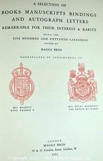 A Selection Of Books, Manuscripts, Bindings And Autograph Letters Remarkable For Their Interest And Rarity, London, Maggs Brothers, 1931 with Half Leather Binding and 230 pages with Full Page Black and White Facsimiles and Engravings, Includes Maps And Book Binding And Broadsides.  