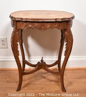 Inlaid Round Side Table.  Wear to finish on top.  Measures 16" x 21" x 27".