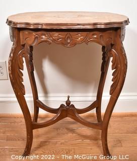 Inlaid Round Side Table.  Wear to finish on top.  Measures 16" x 21" x 27".