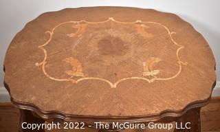 Inlaid Round Side Table.  Wear to finish on top.  Measures 16" x 21" x 27".