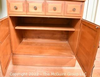 Vintage Maple Dining Hutch with Shelves, Drawers & Cabinets. Made by Vintage Sterling House, Jamestown New York. Base measures 30"W x 17.5"D x 30"T.  Top measures 30"W x 11"D x 48"T. Two pieces 