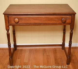 Vintage One Drawer Maple Farmhouse Table.  18" x 34" x 34". Some damage to back leg as shown