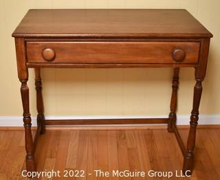 Vintage One Drawer Maple Farmhouse Table.  18" x 34" x 34". Some damage to back leg as shown