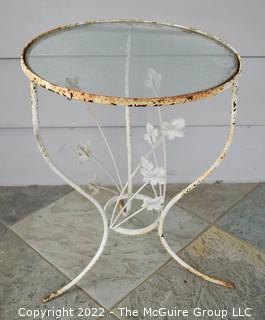 Vintage White Garden Glass Top Wrought Iron Table with Flowers.  15"D x 20"T WAS 225PG