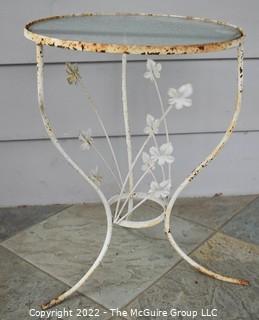 Vintage White Garden Glass Top Wrought Iron Table with Flowers.  15"D x 20"T WAS 225PG