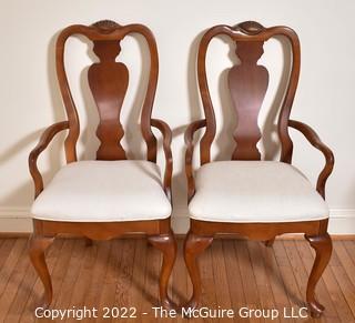 Pair (2) Queen Anne Arm Chairs with White Upholstered Seats 