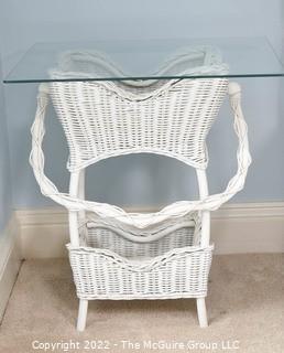 White Wicker Basket Planter Table with Glass Top.  24" x 24" x 26"T 