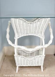 White Wicker Basket Planter Table with Glass Top.  24" x 24" x 26"T 