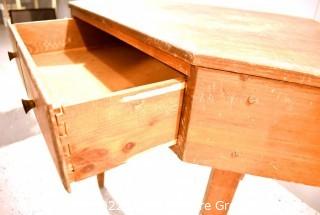 Primitive Pine Corner Table with Two Drawers.  41"W x 31"D x 31"T
