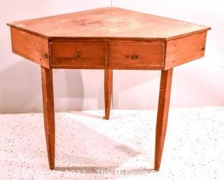 Primitive Pine Corner Table with Two Drawers.  41"W x 31"D x 31"T
