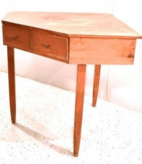 Primitive Pine Corner Table with Two Drawers.  41"W x 31"D x 31"T
