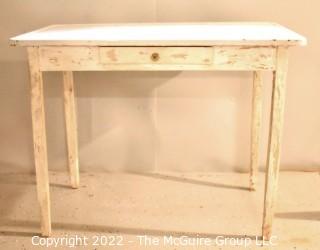 Vintage Mid Century White Enamel Top Work Table with Wood Legs. Measures 40"L x 23"W x 30"T