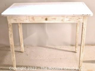 Vintage Mid Century White Enamel Top Work Table with Wood Legs. Measures 40"L x 23"W x 30"T