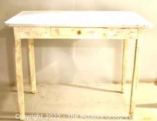 Vintage Mid Century White Enamel Top Work Table with Wood Legs. Measures 40"L x 23"W x 30"T