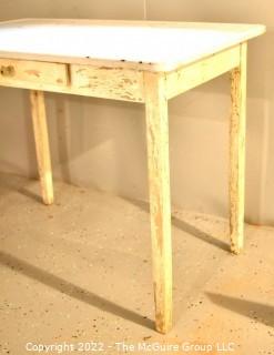 Vintage Mid Century White Enamel Top Work Table with Wood Legs. Measures 40"L x 23"W x 30"T