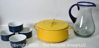 Kitchen Items Including Hand Blown Glass Margarita Pitcher, Four Ceramic Ramekin Bowls and Mid Century Yellow Dansk Kobenstyle IHQ Enamelware Pot With Lid