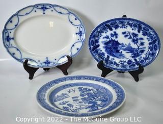 Three (3) Vintage Blue and White Transferware Serving Platters and Plates, Various Makers. WAS 272PG