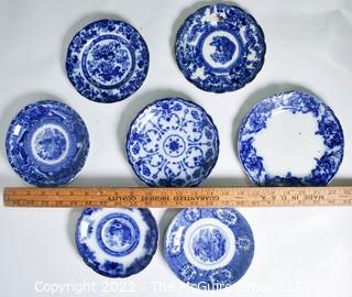 Seven (7) Small Vintage Blue and White Transferware Ceramic Plates, Various Makers. WAS 0275PG