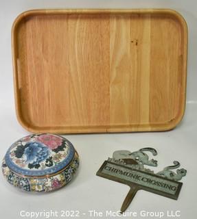 Wood Serving Tray, Metal Yard Sign and Asian Style Porcelain Candy Dish with Lid. 