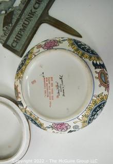 Wood Serving Tray, Metal Yard Sign and Asian Style Porcelain Candy Dish with Lid. 