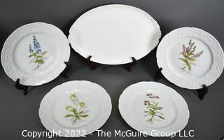 Set of Four (4) Dansk White Porcelain French Botanical Plates and Foglia Oval Serving Platter Pattern By Villeroy & Boch