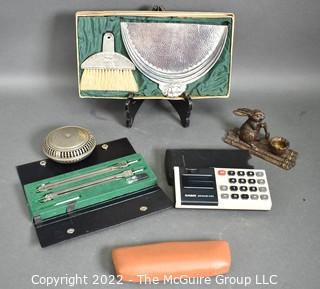 Vintage Silver Plate Crumb Catcher in Box, Hand Warmer, Drafting Set, Bunny Desk Item & Casio Personal Mini Calculator