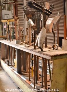 Collection of Hand Tools in custom made wooden cart on casters. 