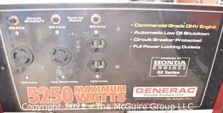 Generac 5250 Max Wattage Generator, powered by Honda Commercial Grade 8HP OHV Engine on 2 wheel frame. 