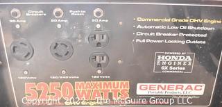 Generac 5250 Max Wattage Generator, powered by Honda Commercial Grade 8HP OHV Engine on 2 wheel frame. 